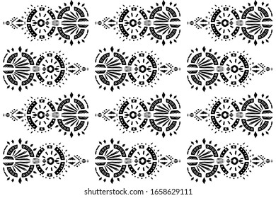 Diseño heteróclito, ornamental negro indio sobre fondo de color. Diseño ornamentado de textura con motivos navajos para impresión superficial.