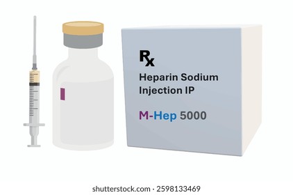 Heparin Sodium Injection vial, medicine in syringe and cardboard medicine box isolated on white background. HEPARIN medicine. Vector illustration.