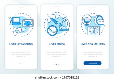Hepatic diagnostics onboarding mobile app page screen with concepts. Sonography, biopsy walkthrough 3 steps graphic instructions. UI, UX, GUI vector template with linear color illustrations