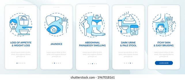 Hepatic disease signs onboarding mobile app page screen with concepts. Weight loss, swelling walkthrough 5 steps graphic instructions. UI, UX, GUI vector template with linear color illustrations