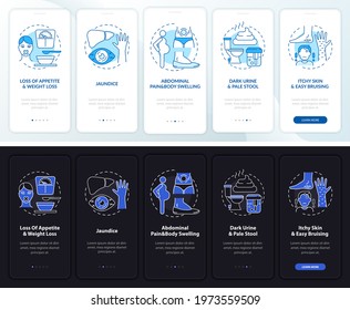Hepatic failure cues onboarding mobile app page screen with concepts. Weight loss walkthrough 5 steps graphic instructions. UI, UX, GUI vector template with linear night and day mode illustrations