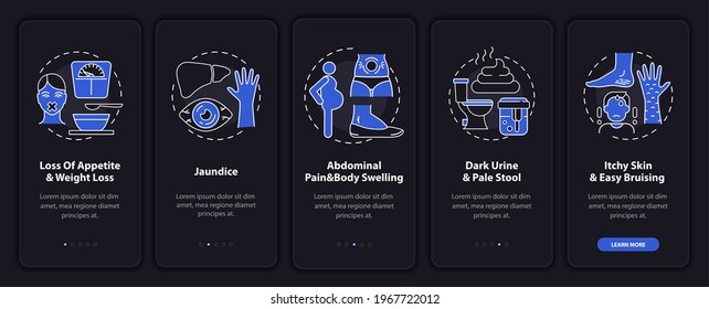 Hepatic failure signs onboarding mobile app page screen with concepts. Jaundice, belly pain walkthrough 5 steps graphic instructions. UI, UX, GUI vector template with linear night mode illustrations