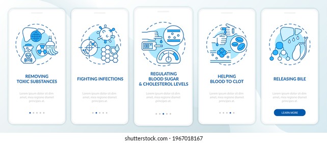 Hepatic functions onboarding mobile app page screen with concepts. Fighting illnesses, blood clots walkthrough 5 steps graphic instructions. UI, UX, GUI vector template with linear color illustrations