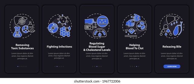 Hepatic functions onboarding mobile app page screen with concepts. Clotting, toxicity removal walkthrough 5 steps graphic instructions. UI, UX, GUI vector template with linear night mode illustrations