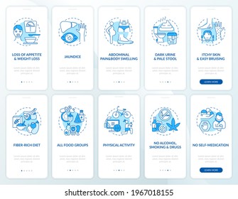 Hepatic health onboarding mobile app page screen with concepts set. Keeping liver healthy walkthrough 5 steps graphic instructions. UI, UX, GUI vector template with linear color illustrations