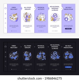 Hepatic health onboarding vector template. Responsive mobile website with icons. Web page walkthrough 5 step screens. No self-medication night and day mode concept with linear illustrations