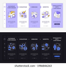 Hepatic illness types onboarding vector template. Responsive mobile website with icons. Web page walkthrough 5 step screens. Cirrhosis, fatty liver night and day mode concept with linear illustrations