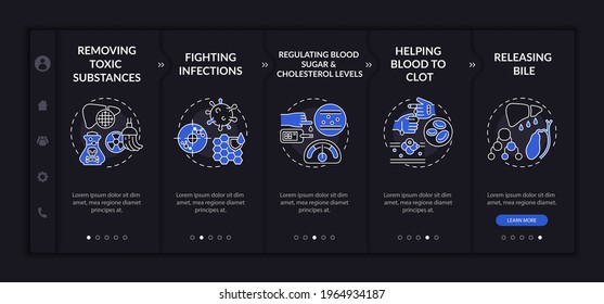 Hepatic purposes onboarding vector template. Responsive mobile website with icons. Web page walkthrough 5 step screens. Toxic substances removing night mode concept with linear illustrations