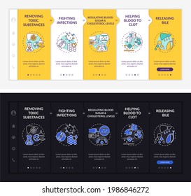 Roles hepáticos en la plantilla vectorial. Sitio web móvil de respuesta con iconos. Recorrido de página Web de 5 pantallas de paso. Ayudar a la sangre a coagular el concepto del modo de noche y día con ilustraciones lineales