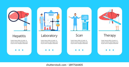 Hepatitis A, B, C, D, cirrhosis apps. World hepatitis day concept. Tiny doctors treat liver. Laboratory, blood test are shown. Blue templates vector for mobile website development is presented.