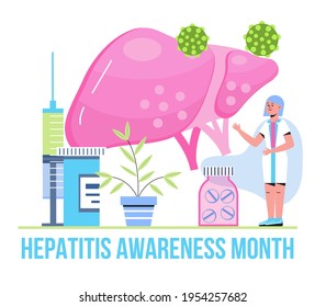 Hepatitis-Bewusstsein Monat-Konzept Vektor. Die Veranstaltung wird jedes Jahr im Mai in den USA beobachtet. Konzept der Hepatitis A, B, C, D, Zirrhose, Welthepatitis Tag. Kleine Ärzte behandeln die Leber.