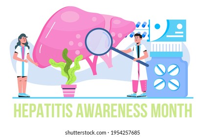 Hepatitis awareness month concept vector. Event is observed each year in May  in USA. Concept of hepatitis A, B, C, D, cirrhosis, world hepatitis day. Tiny doctors treat the liver.