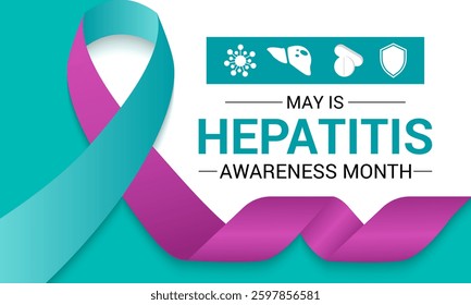 Hepatitis Awareness Month takes place every year in May to bring attention to viral hepatitis and its prevention. Design for web banner, cards, prints. Realistic Ribbon, Stethoscope ,liver icon vector