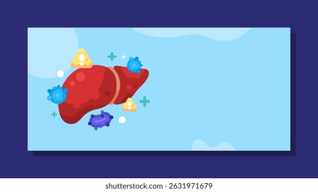 hepatitis banner concept. background with illustration of liver organ infected or attacked by virus. horizontal blue background. health problem, disease, awareness, warning