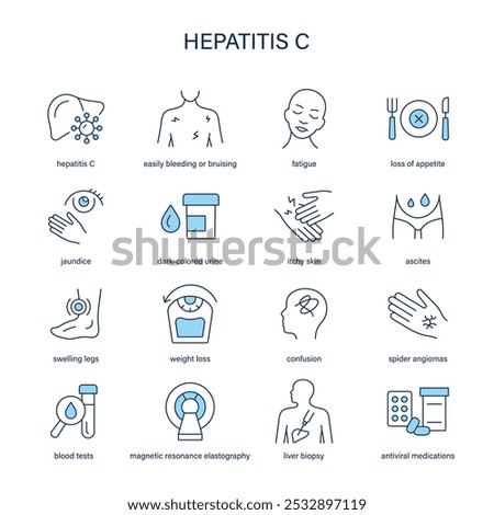 Hepatitis C symptoms, diagnostic and treatment vector icon set. Medical icons.