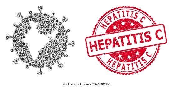 Hepatitis C strukturierte runde Wasserzeichen und vektorrekursive indische Coronavirus. Rote Stempelsiegel enthalten den Titel Hepatitis C.