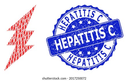 Hepatitis C unclean round seal and vector fractal mosaic electric spark. Blue seal has Hepatitis C title inside circle shape. Vector mosaic is designed with randomized electric spark items.