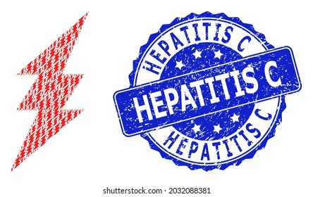 Hepatitis C unclean round seal and vector fractal mosaic electric spark. Blue seal has Hepatitis C title inside circle shape. Vector mosaic is designed with randomized electric spark items.