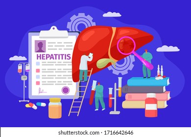 Behandlung des Hepatitis-Konzepts, Vektorillustration. Ärzte, die Charakterforschung patinierte Lebererkrankung. Medizinische Organpflege, Mitarbeiter mit Dokumenteninformationen, Lupe und Sondierungsrohr.