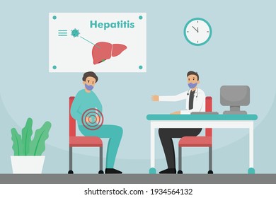 Hepatitis disease vector concept: Young man doing consultation with male doctor related hepatitis symptoms in the hospital