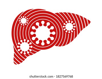 Hepatitis icon - human liver surrounded by viruses - emblem in outline decoration