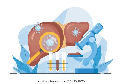 Hepatitis research concept. Magnifying glass and microscope near infected human liver. Scientific research in laboratory. Flat vector illustration isolated on white background