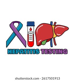 Hepatitis Testing Day to celebrate on May 19th. Two-color campaign ribbon with illustration of a blood tube and liver organ on white background. Health event banner.