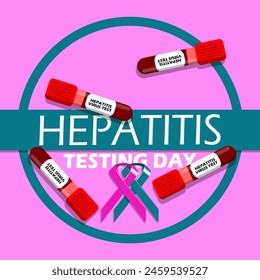 Hepatitis Testing Day event banner. Several tubes contain blood for diagnosis with campaign ribbons on light purple background to commemorate on May 19th