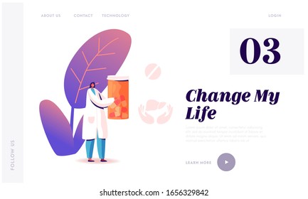 Hepatitis Treatment Website Landing Page. Doctor in Medical Robe Holding Pills Bottle, Medicine for Liver, Healthcare in Clinic or Hospital, Medicine Web Page Banner. Cartoon Flat Vector Illustration