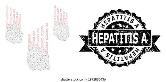 Hepatitis A unclean stamp and vector falling rocks mesh structure. Black stamp seal includes Hepatitis A caption inside ribbon and rosette. Abstract flat mesh falling rocks, built from flat mesh.