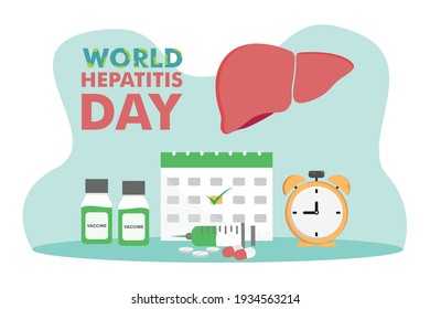 Hepatitis virus vaccine vector concept: Vaccine of hepatitis virus with clock and calendar in world hepatitis day text background
