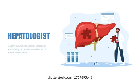 Conceito hepatologista. Terapia baseada em evidências para hepatite crônica, cirrose ou carcinoma hepatocelular. Ilustração vetorial em estilo de desenho animado plano.