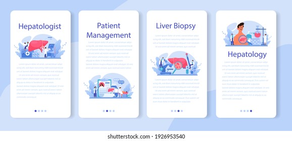 Banner-Set für mobile Anwendungen von Hepatologen. Der Arzt macht Leberuntersuchung, Leberentektomie. Idee einer medizinischen Behandlung, Embolisationstherapie, Choleszintigraphie. Einzelne Vektorgrafik