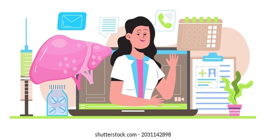 Hepatologist online consultation concept vector for medical website, landing page. Flat concept of hepatitis A, B, C, D, cirrhosis, world hepatitis day. Tiny doctors treat the liver.