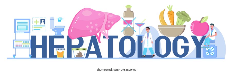Hepatologist vector for medical website, landing page. Concept of hepatitis A, B, C, D, cirrhosis, world hepatitis day. Tiny doctors of hepatology treat the liver.
