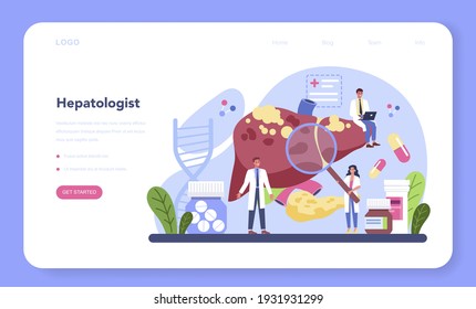 Hepatologist web banner or landing page. Doctor make ultrasound liver examination. Idea of medical treatment, hepatology therapy. Isolated vector illustration