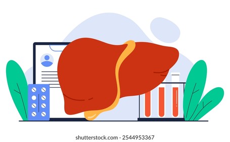 Hepatology concept. Hepatitis A, B, C, D. Human liver organ. Liver disease, healthcare, treatment. Isolated vector illustration in cartoon style