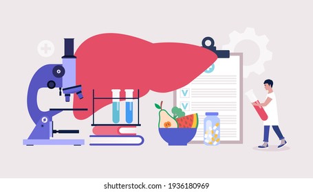 Hepatology concept. Young man checks liver. Colorful flat vector illustration