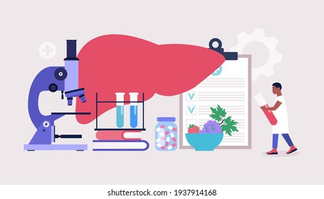 Hepatology concept. Young man checks liver. Colorful flat vector illustration