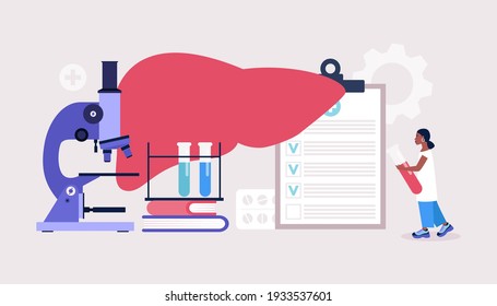 Hepatology concept. Young woman checks liver. Colorful flat vector illustration