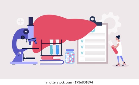 Hepatology concept. Young woman checks liver. Colorful flat vector illustration