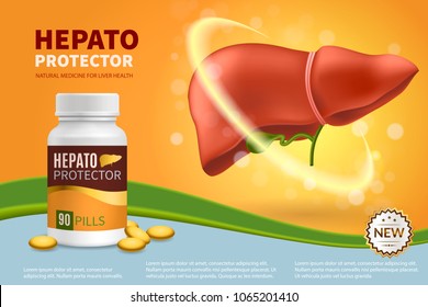 Hepatoprotector colorful realistic composition with natural pills in plastic medical jar for liver health 3d vector illustration