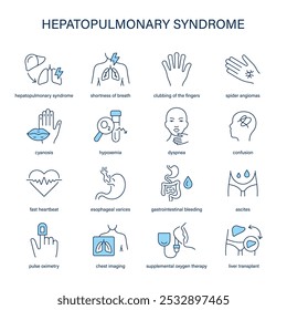 Conjunto de iconos de síntomas del síndrome hepatopulmonar, Vector de diagnóstico y tratamiento. Iconos médicos.