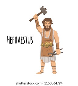 Hephaestus, ancient Greek god of blacksmith and fire. Ancient Greece mythology. Flat vector illustration. Isolated on white background.