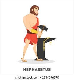 Hephaestus ancient greek god character. Blacksmith with beard and hammer from greece mythology. Olympian legend. Isolated vector illustration in cartoon style