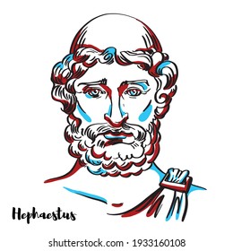 Hephaestus engraved vector portrait with ink contours on white background. He is the Greek god of blacksmiths, metalworking, craftsmen, artisans, sculptors, metallurgy, fire, and volcanoes.