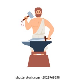 Hephaestus Greek God Blacksmith With Hammer And Sword In Hands. Strong Man Doing Forging In Forge. Olympian Hero Of Ancient Greece Mythology. Flat Vector Isolated Illustration.