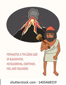 Hephaestus Greek god of fire, metalworking, craftsmen, volcanoes, funny vector cartoon portrait of mythological character