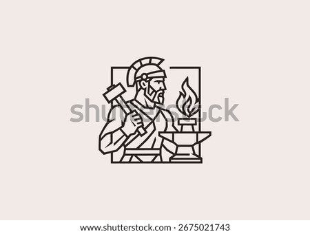 A Hephaestus line art logo, representing fire, craftsmanship, and the divine blacksmith of Olympus