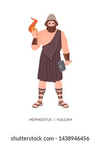 Hephaestus or Vulcan - god or deity of blacksmiths, craftsmen and metalworking of Greek and Roman pantheon. Male mythological character holding fire and hammer. Flat cartoon vector illustration.